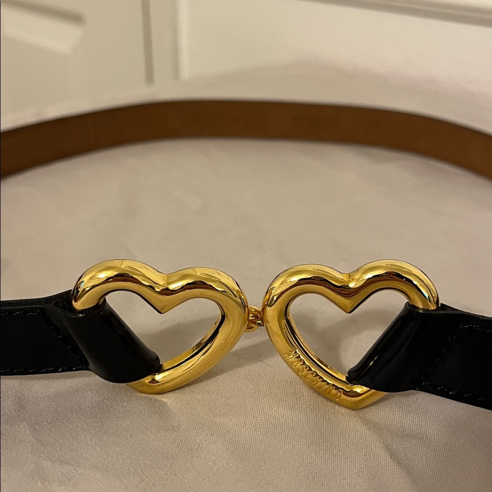 Vintage Moschino Gold Heart Buckle Black Belt - Picture 4 of 8